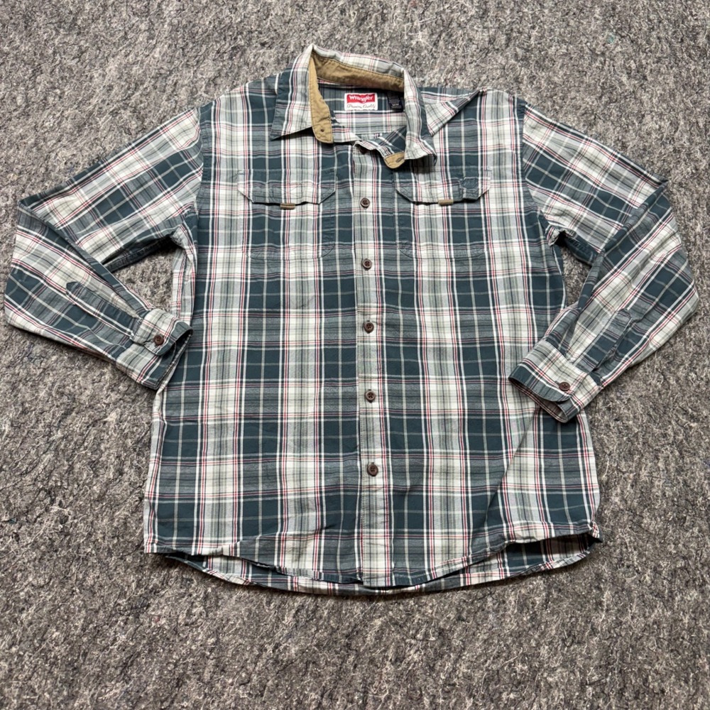 Wrangler Premium Quality Mens‎ Plaid Button Down Shirt Green White Red Size M